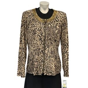 MSK Womens Black Gold‎ Chain Sequins Details Full Zip Jacket Size L Long Sleeve